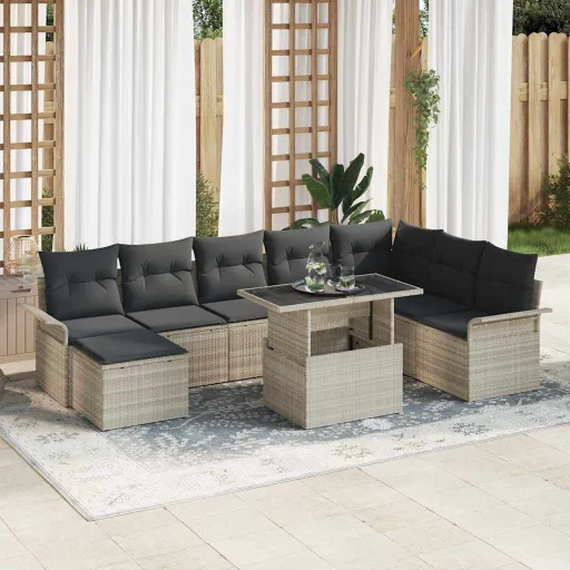 Conjunto de Sofá de Jardim   Cinzento-Claro Vime PE (9 pcs)