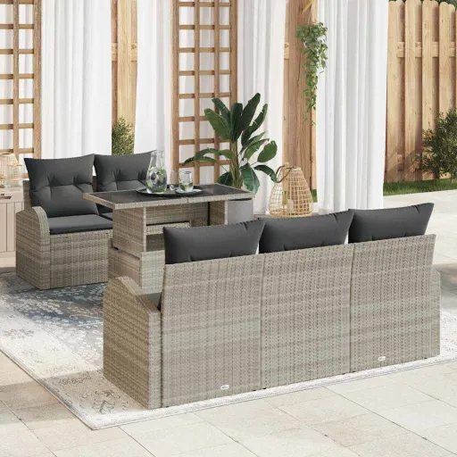 Conjunto de Sofá de Jardim   Cinzento-Claro Vime PE (6 pcs)