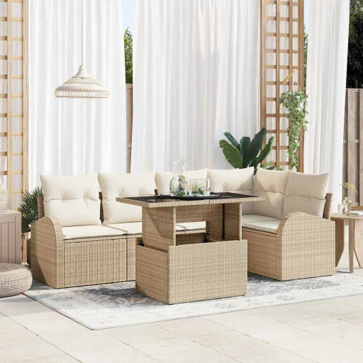 Conjunto de Sofá de Jardim   Marrom e Creme Vime PE (6 pcs)