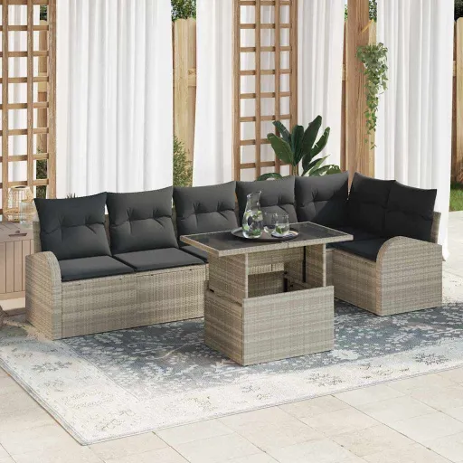 Conjunto de Sofá de Jardim   Cinzento-Claro Vime PE (7 pcs)