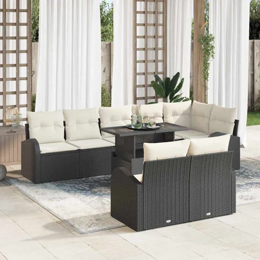 Conjunto de Sofá de Jardim   Preto e Creme Vime PE (9 pcs)