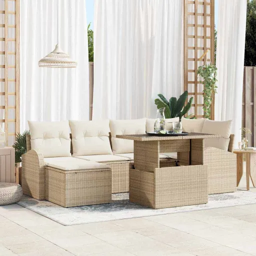 Conjunto de Sofá de Jardim com Almofada   Bege e Creme (7 pcs)