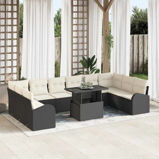 Conjunto de Sofá de Jardim   Preto e Creme Vime PE (11 pcs)