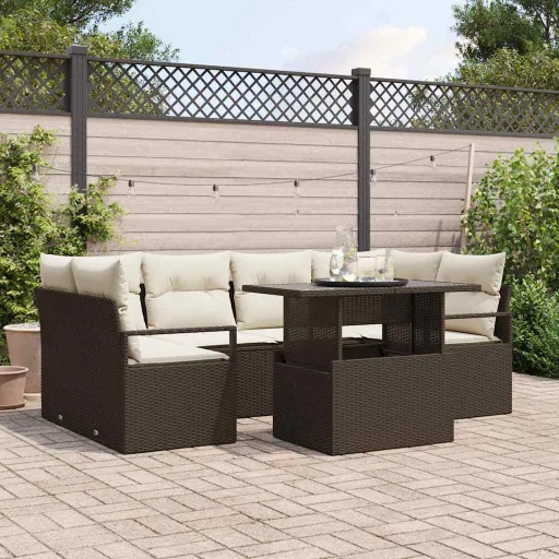 Conjunto de Sofá de Jardim   Castanho Vime PE (7 pcs)