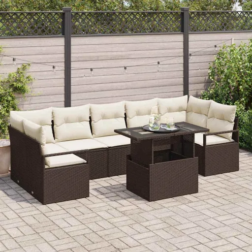 Conjunto de Sofá de Jardim   Castanho e Creme Vime PE (8 pcs)