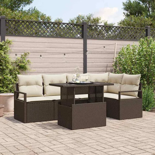 Conjunto de Sofá de Jardim   Castanho e Creme Vime PE (6 pcs)