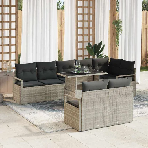 Conjunto de Sofá de Jardim   Cinzento-Claro Vime PE (9 pcs)