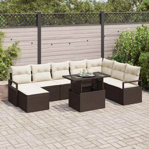 Conjunto de Sofá de Jardim com Almofada   Castanho e Creme (9 pcs)