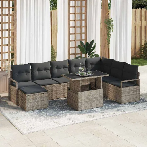 Conjunto de Sofá de Jardim com Almofada   Cinzeto (9 pcs)