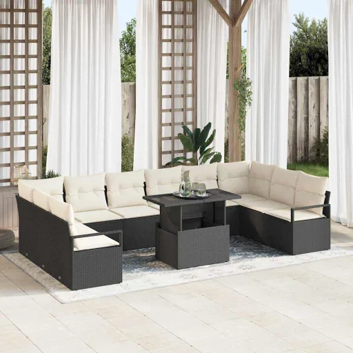 Conjunto de Sofá de Jardim   Preto e Creme Vime PE (11 pcs)
