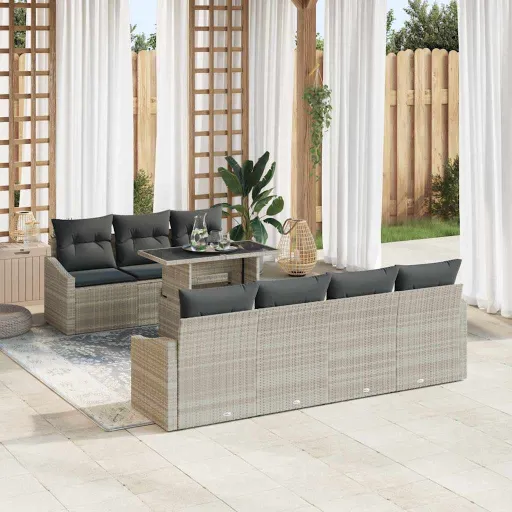 Conjunto de Sofá de Jardim   Cinzento-Claro Vime PE (8 pcs)