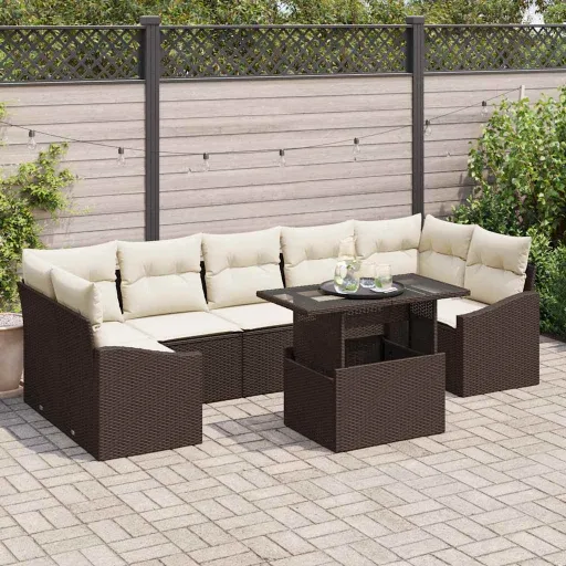 Conjunto de Sofá de Jardim   Castanho e Creme Vime PE (8 pcs)