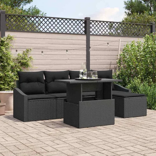 Conjunto de Sofá de Jardim com Almofada   Preto (6 pcs)