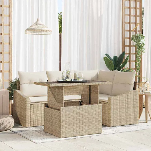 Conjunto de Sofá de Jardim   Bege e Creme Vime PE (5 pcs)