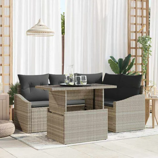 Conjunto de Sofá de Jardim   Cinzento-Claro Vime PE (5 pcs)