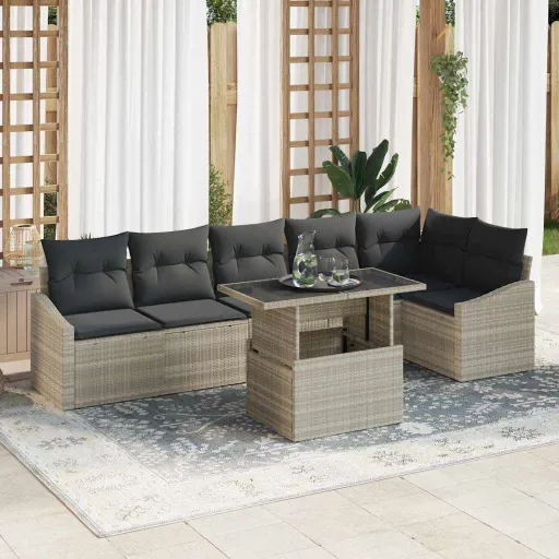 Conjunto de Sofá de Jardim   Cinzento-Claro Vime PE (7 pcs)