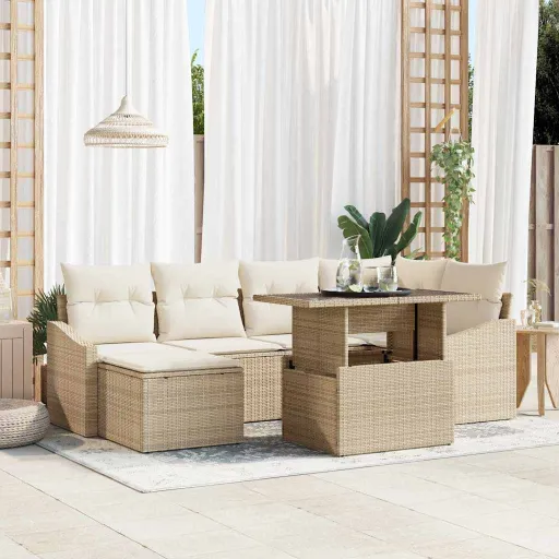 Conjunto de Sofá de Jardim com Almofada   Bege e Creme (7 pcs)