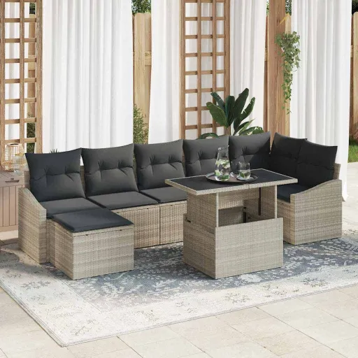 Conjunto de Sofá de Jardim   Cinzento-Claro Vime PE (8 pcs)