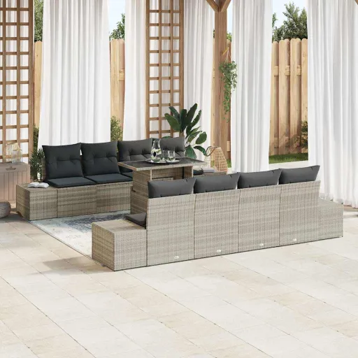 Conjunto de Sofá de Jardim   Cinzento-Claro Vime PE (9 pcs)