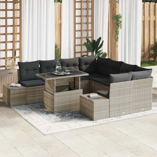 Conjunto de Sofá de Jardim   Cinzento-Claro Vime PE (9 pcs)