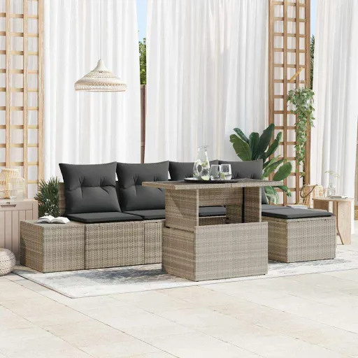 Conjunto de Sofá de Jardim   Cinzento-Claro Vime PE (6 pcs)