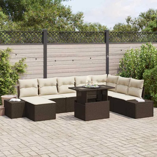 Conjunto de Sofá de Jardim   Marrom e Creme Vime PE (9 pcs)