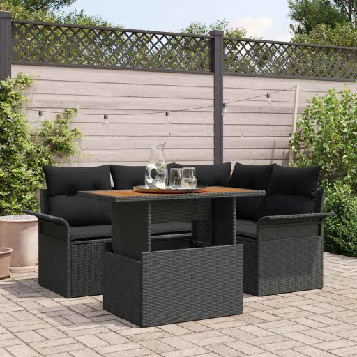 Conjunto de Sofá de Jardim com Almofada   Preto (5 pcs)