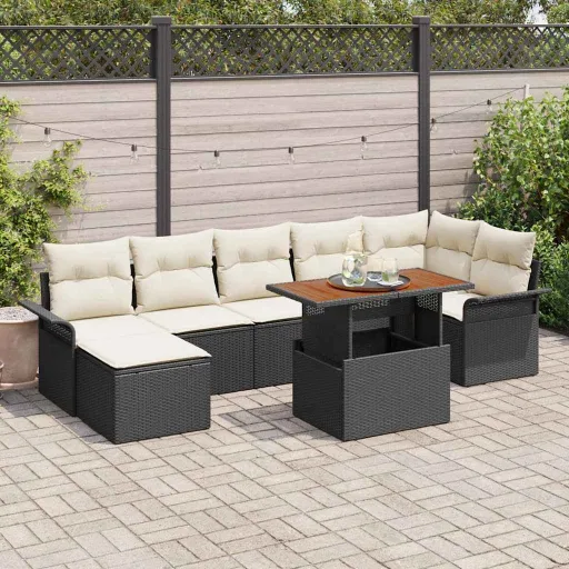 Conjunto de Sofá de Jardim   Preto e Creme Vime PE (8 pcs)