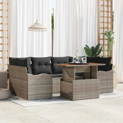 Conjunto de Sofá de Jardim com Almofada Manual   Cinzeto (7 pcs)