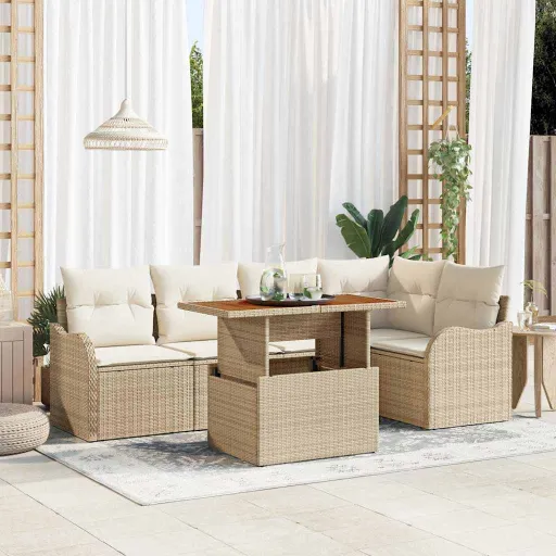 Conjunto de Sofá de Jardim   Bege e Creme Vime PE (6 pcs)