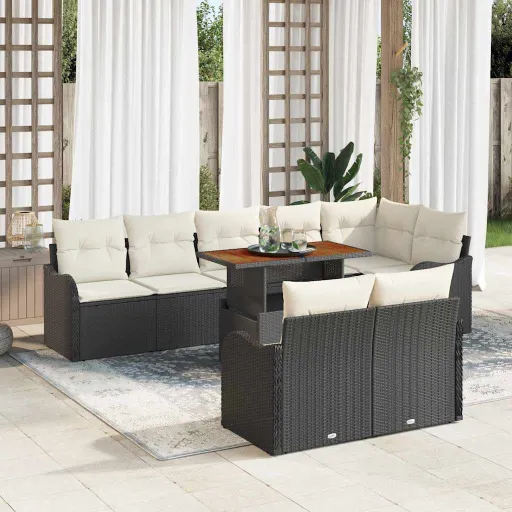 Conjunto de Sofá de Jardim com Almofada   Preto e Creme (9 pcs)