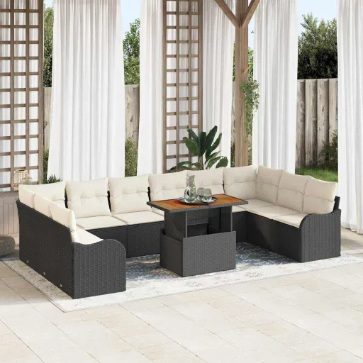 Conjunto de Sofá de Jardim com Almofada   Preto e Creme (11 pcs)