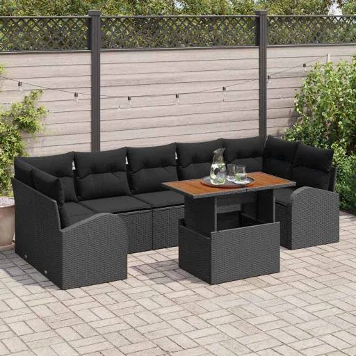 Conjunto de Sofá de Jardim com Almofada   Preto (8 pcs)
