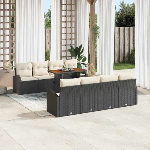 Conjunto de Sofá de Jardim com Almofada   Preto e Creme (7 pcs)