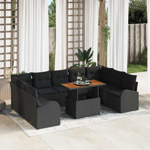 Conjunto de Sofá de Jardim com Almofada   Preto (10 pcs)