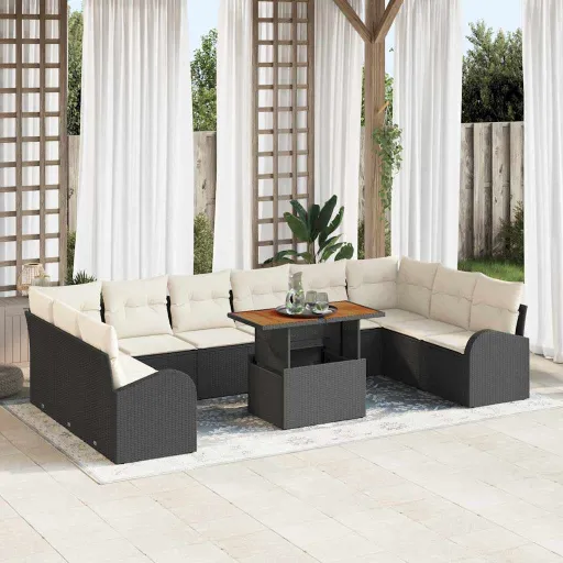 Conjunto de Sofá de Jardim com Almofada   Preto e Creme (11 pcs)