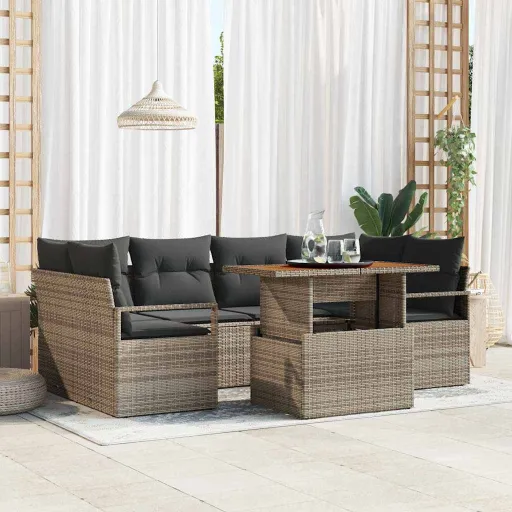 Conjunto de Sofá de Jardim com Almofada Manual   Cinzeto (7 pcs)