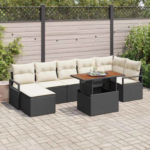 Conjunto de Jantar para Jardim com Almofada   Preto e Creme (8 pcs)