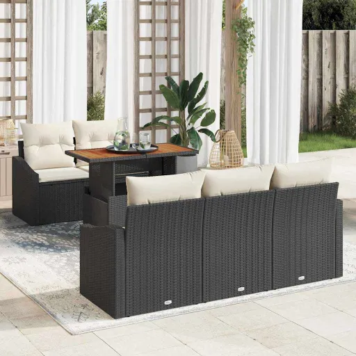 Conjunto de Jantar para Jardim com Almofada   Preto e Creme (6 pcs)