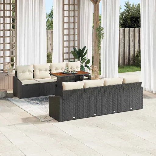 Conjunto de Jantar para Jardim com Almofada   Preto e Creme (9 pcs)