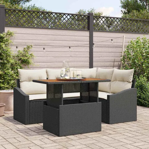 Conjunto de Jantar para Jardim com Almofada   Preto e Creme (5 pcs)