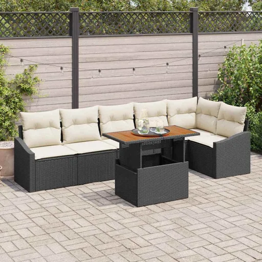 Conjunto de Jantar para Jardim com Almofada   Preto e Creme (7 pcs)
