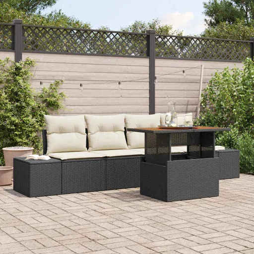 Conjunto de Jantar para Jardim com Almofada   Preto e Creme (5 pcs)