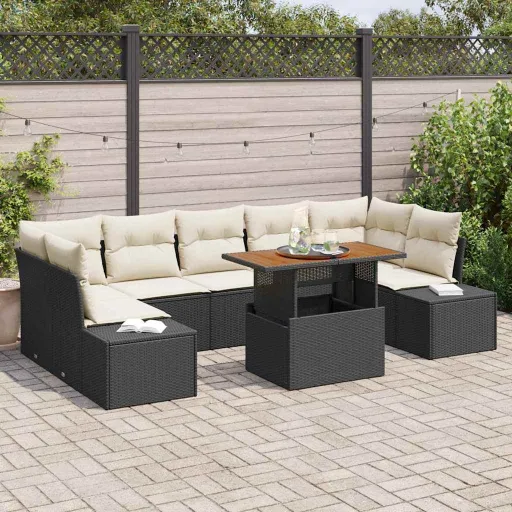 Conjunto de Jantar para Jardim com Almofada   Preto e Creme (8 pcs)