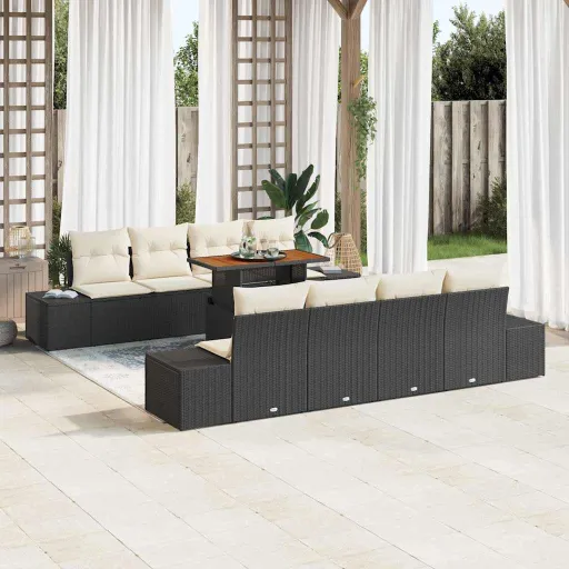 Conjunto de Jantar para Jardim com Almofada   Preto e Creme (9 pcs)