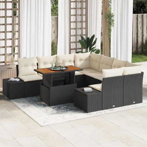 Conjunto de Jantar para Jardim com Almofada   Preto e Creme (9 pcs)
