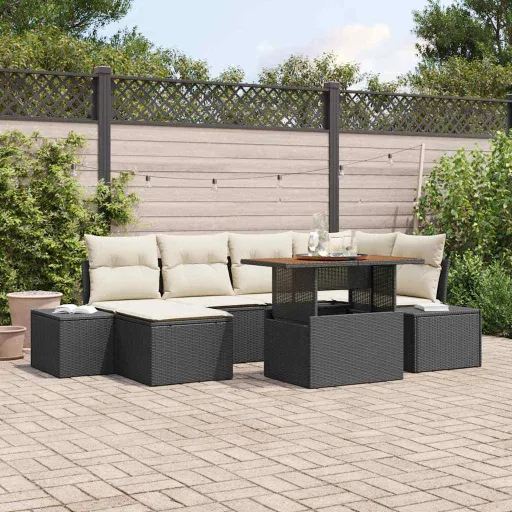 Conjunto de Jantar para Jardim com Almofada   Preto e Creme (7 pcs)