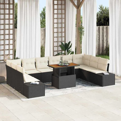 Conjunto de Sofá de Jardim com Almofada   Preto e Creme (11 pcs)