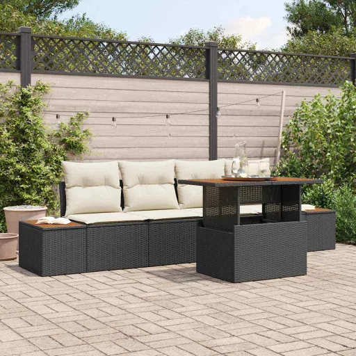 Conjunto de Jantar para Jardim com Almofada   Preto e Bege (5 pcs)