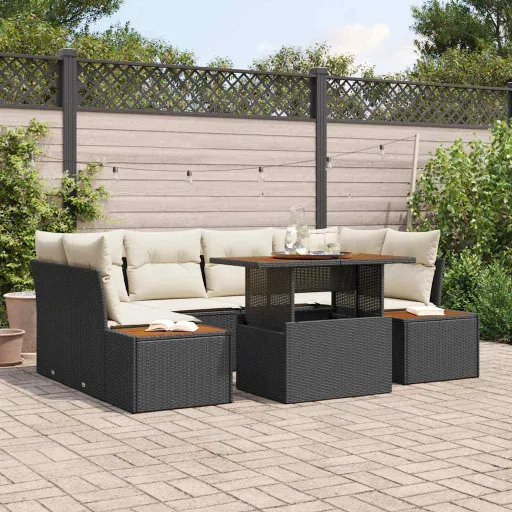 Conjunto de Jantar para Jardim com Almofada   Preto e Bege (9 pcs)